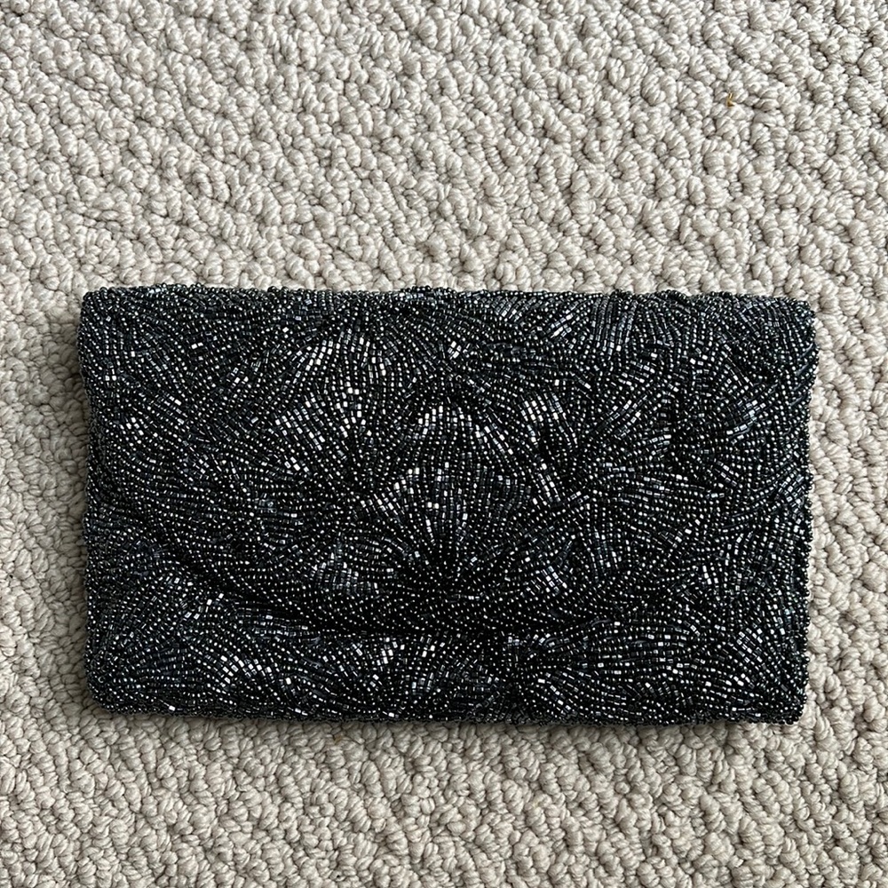 Vintage 1950s Walborg Hand Beaded Dark Grey Clutch
